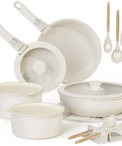 Astercook 20 Pieces Ceramic Pots and Pans Set Non Stick with Detachable Handle - Cream White