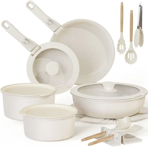 Astercook 20 Pieces Ceramic Pots and Pans Set Non Stick with Detachable Handle - Cream White