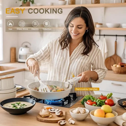 Astercook 20 Pieces Ceramic Pots and Pans Set Non Stick with Detachable Handle - Cream White - Image 2