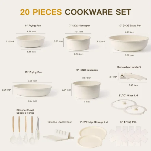 Astercook 20 Pieces Ceramic Pots and Pans Set Non Stick with Detachable Handle - Cream White - Image 5