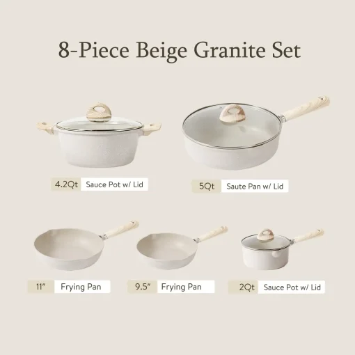 Carote 8 Pcs Nonstick Pots and Pans Set - Beige Granite - Image 2
