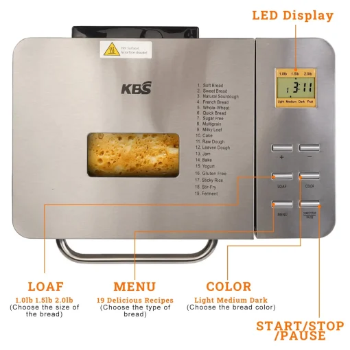 KBS 19-in-1 2LB Bread Maker Machine With Fully Automatic LCD Display - Stainless Steel - Image 2