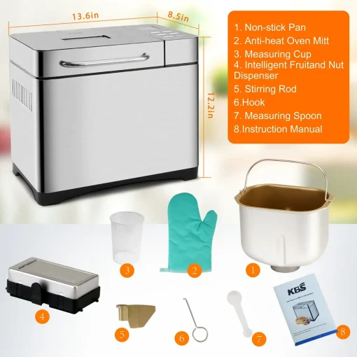 KBS 19-in-1 2LB Bread Maker Machine With Fully Automatic LCD Display - Stainless Steel - Image 3