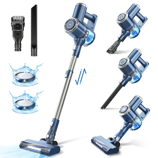 Prettycare Cordless Stick Vacuum Cleaner Lightweight Upright for Carpet Hard Floor Pet Hair W200 - Blue