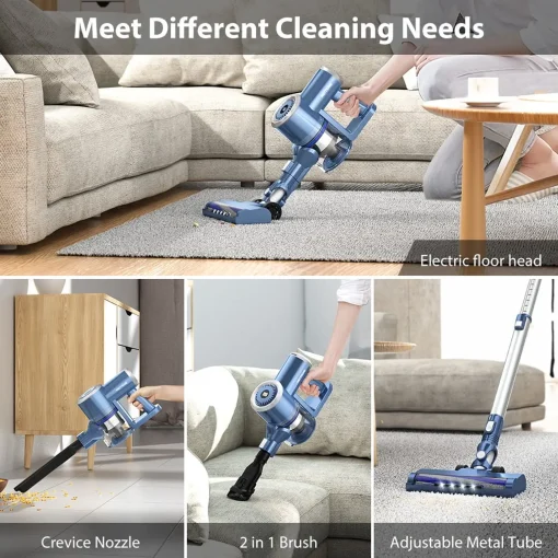 Prettycare Cordless Stick Vacuum Cleaner Lightweight Upright for Carpet Hard Floor Pet Hair W200 - Blue - Image 3
